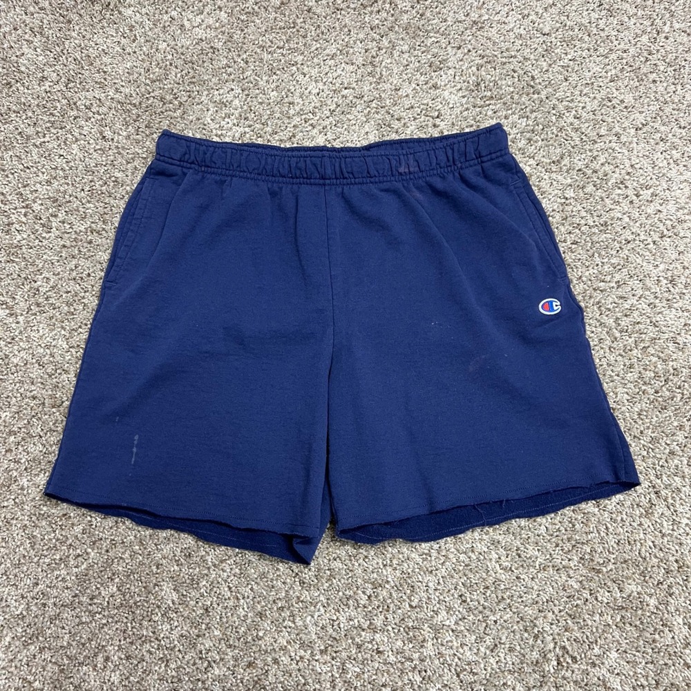Champion Navy Blue Fleece Shorts Back Logo Mens Large Vintage Vibe